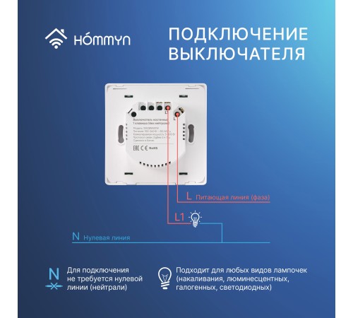 Комплект два умных одноклавишных выключателя HOMMYN 2SWZBNN01W