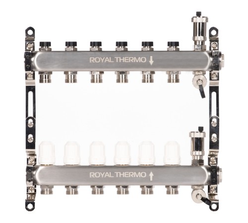 Коллектор Royal Thermo нерж. в сборе универсальный 1quot; ВР-3/4quot; НР с автомат. воздухоотвод-ми 6 вых. Коллектор Royal Thermo нерж. в сборе универсальный 1quot; ВР-3/4quot; НР с автомат. воздухоотвод-ми 6 вых.