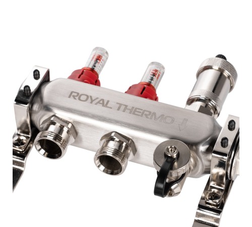 Коллектор Royal Thermo нерж. в сборе с расходомерами 1quot; ВР-3/4quot; НР с автомат. воздухоотвод-ми 2 вых. Коллектор Royal Thermo нерж. в сборе с расходомерами 1quot; ВР-3/4quot; НР с автомат. воздухоотвод-ми 2 вых.