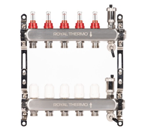 Коллектор Royal Thermo нерж. в сборе с расходомерами 1quot; ВР-3/4quot; НР с автомат. воздухоотвод-ми 5 вых. Коллектор Royal Thermo нерж. в сборе с расходомерами 1quot; ВР-3/4quot; НР с автомат. воздухоотвод-ми 5 вых.