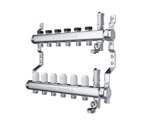 Коллектор Royal Thermo нерж. в сборе универсальный 1quot; ВР-3/4quot; НР с автомат. воздухоотвод-ми 12 вых. Коллектор Royal Thermo нерж. в сборе универсальный 1quot; ВР-3/4quot; НР с автомат. воздухоотвод-ми 12 вых.