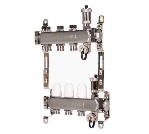 Коллектор Royal Thermo нерж. в сборе универсальный 1quot; ВР-3/4quot; НР с автомат. воздухоотвод-ми 3 вых.
