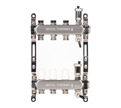 Коллектор Royal Thermo нерж. в сборе универсальный 1quot; ВР-3/4quot; НР с автомат. воздухоотвод-ми 3 вых.