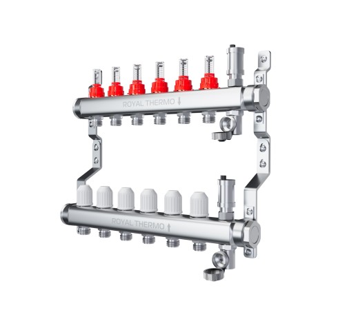 Коллектор Royal Thermo нерж. в сборе с расходомерами 1quot; ВР-3/4quot; НР с автомат. воздухоотвод-ми 9 вых. Коллектор Royal Thermo нерж. в сборе с расходомерами 1quot; ВР-3/4quot; НР с автомат. воздухоотвод-ми 9 вых.