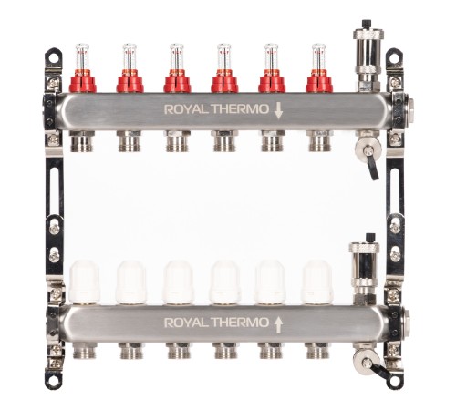 Коллектор Royal Thermo нерж. в сборе с расходомерами 1quot; ВР-3/4quot; НР с автомат. воздухоотвод-ми 6 вых. Коллектор Royal Thermo нерж. в сборе с расходомерами 1quot; ВР-3/4quot; НР с автомат. воздухоотвод-ми 6 вых.