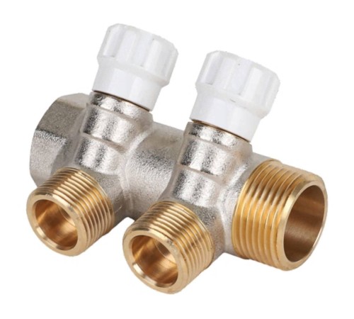 Коллектор латунный MVI 1quot;x3/4quot;x2 выхода, с регулирующими вентилями