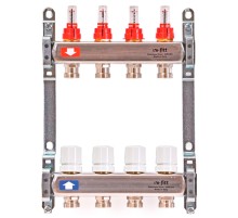 Группа коллекторная Uni-Fitt 1quot;х4 вых 3/4quot; с расходом. и термостат. вентилями без конц, нерж. сталь