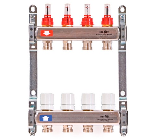 Группа коллекторная Uni-Fitt 1quot;х4 вых 3/4quot; с расходом. и термостат. вентилями без конц, нерж. сталь