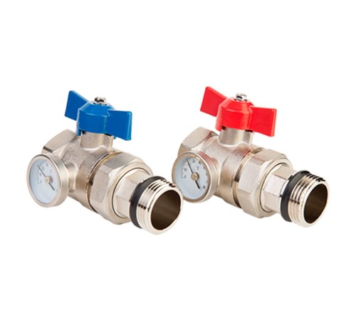 Краны шаровые MVI Ду25 Ру16 с термометром для коллектора (комплект 2 штуки) Краны шаровые MVI Ду25 Ру16 с термометром для коллектора (комплект 2 штуки)