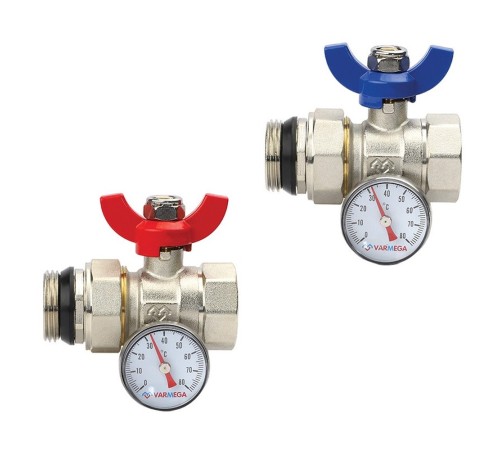 Кран шаровой VARMEGA, НР-ВР 1quot;x1quot;, с разъемным соединением, с термометром, комплект_2 шт