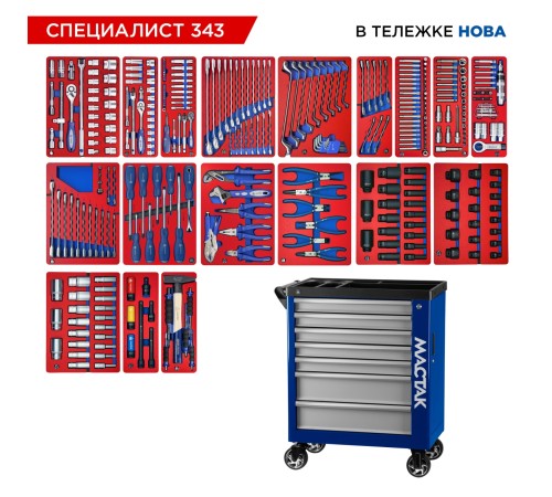 Набор инструментов 343 предмета, "СПЕЦИАЛИСТ 343", в синей тележке МАСТАК 50-07343B