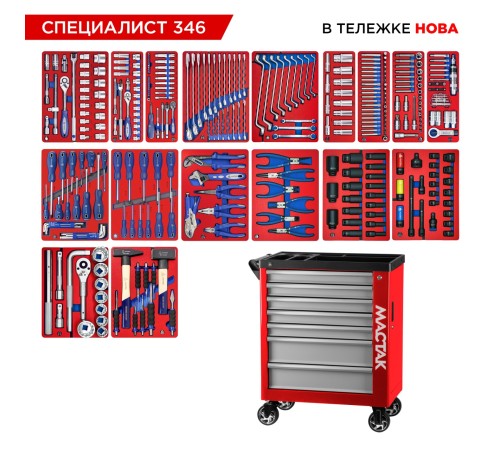 Набор инструментов 346 предметов, "СПЕЦИАЛИСТ 346", в красной тележке МАСТАК 50-07346R