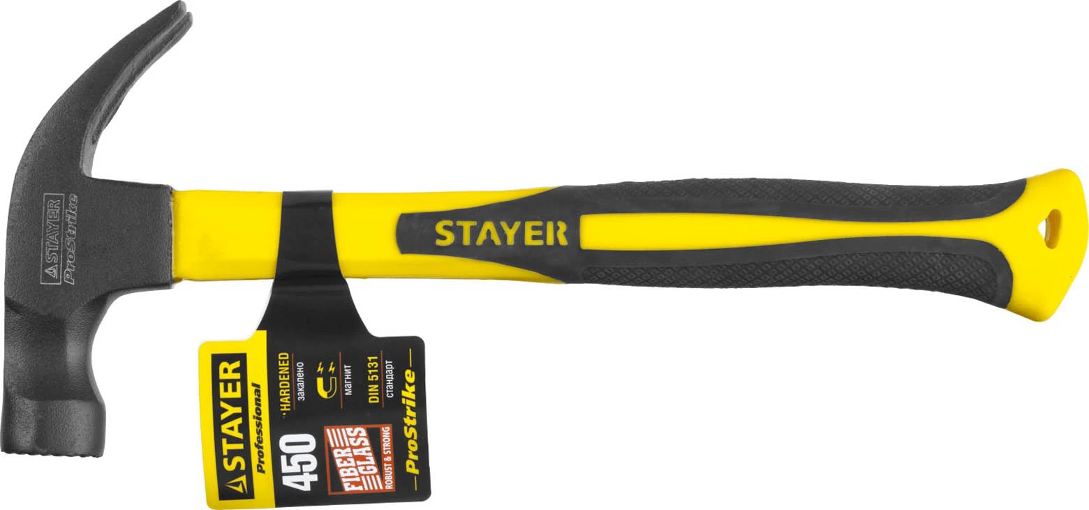 STAYER 450 г, молоток-гвоздодер кованый с магнитом Fiberglass-M 2027-450