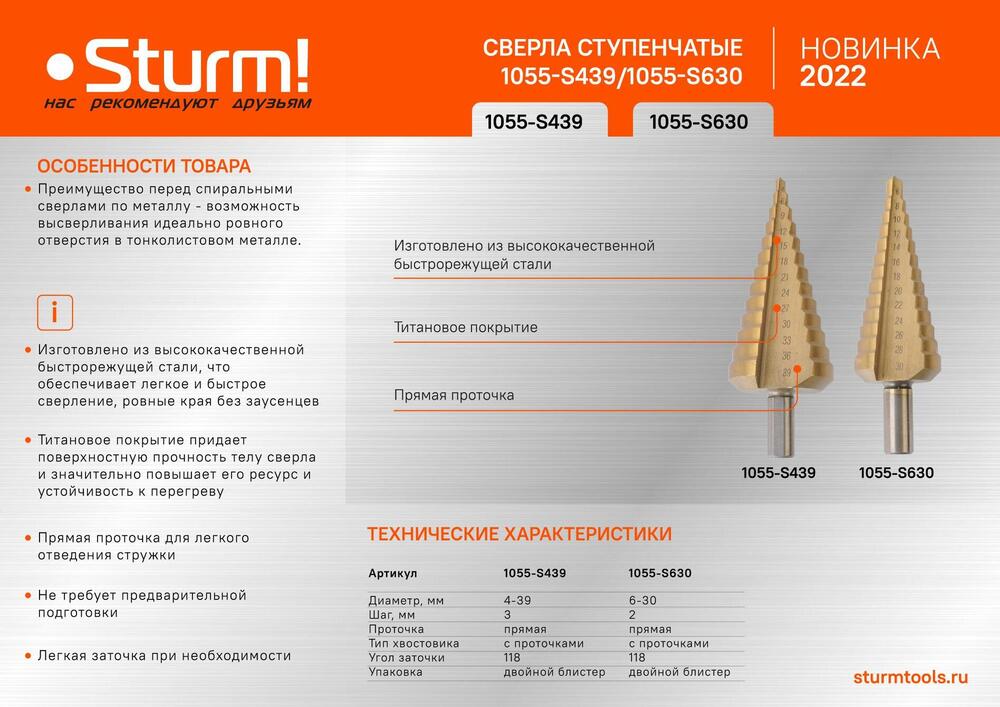 Сверла ступенчатые Sturm! 1055-S439