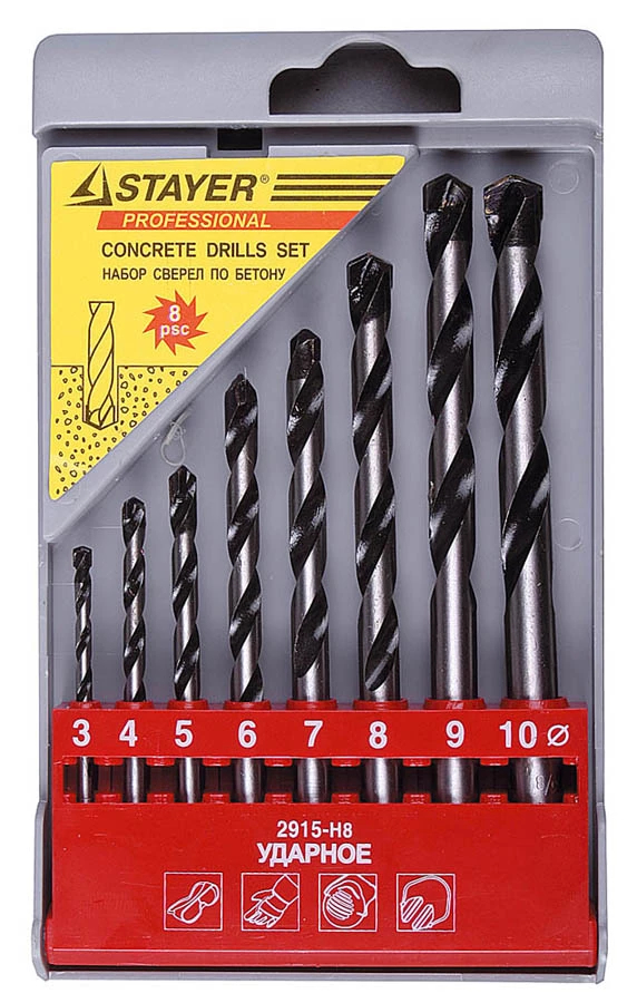 STAYER 8 шт: Ø 3-4-5-6-7-8-9-10 мм, набор сверл по бетону 2915-H8
